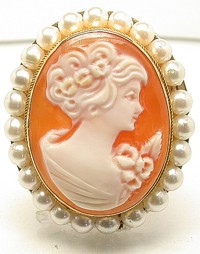 14K Coral Colored Cameo Pin/Pendant w/ Pearls