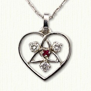 14kt Diamond  Ruby Celtic Triangle Knot & Heart Pendant