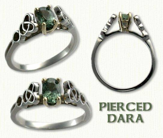 14kt white gold Pierced Dara engagement ring set with an oval green sapphire. Sapphire is set in a yellow gold head 