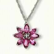 Custom Climatis Pink Tourmaline Pendant 14Kt white gold Tourmaline pendant set with 4 8x6 and 4 7x5mm, Pink Tourmalines .02 ct diamond center, 3/4'' across