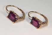 Emerald Cut Rhodolite Garnet Lever Back Earrings in 14KY