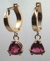 Trillion pink tourmaline earrings on 14kt round eurowires