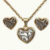Two Tone Filigree Heart Earrings and Pendant