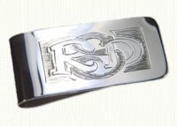 Sterling silver money clip with reverse block style hand engraving