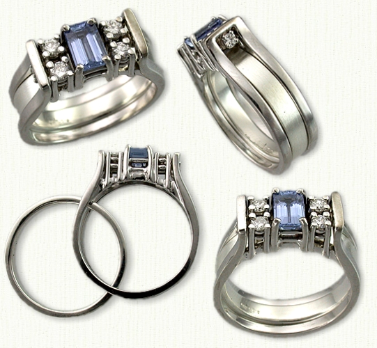 14KW Kathryn reverse cradle with 0.85 ct emerald cut blue sapphire and side diamonds. 14KW 3.5mm wide inside spacer band.