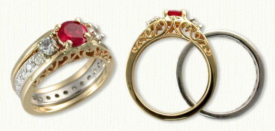 14KY Filigree reverse cradle set wtih a 0.50ct ruby and two accent diamonds
