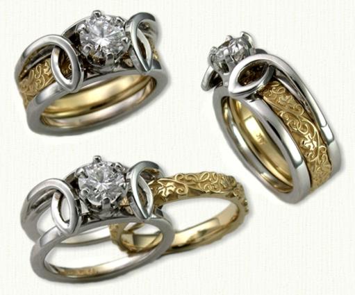 14KW Julie Anne Reverse Cradle set with a 0.50ct RBC diamond. 14kt yellow gold 3mm custom Initial and Vine inside band.