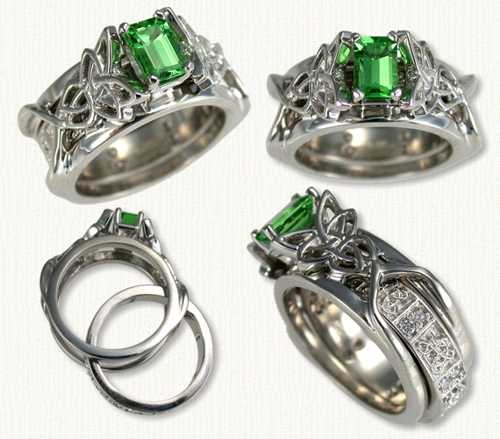 14KW Katie reverse cradle with 7 x 5mm emerald cut Chatham Emerald and 14KW custom inside band.