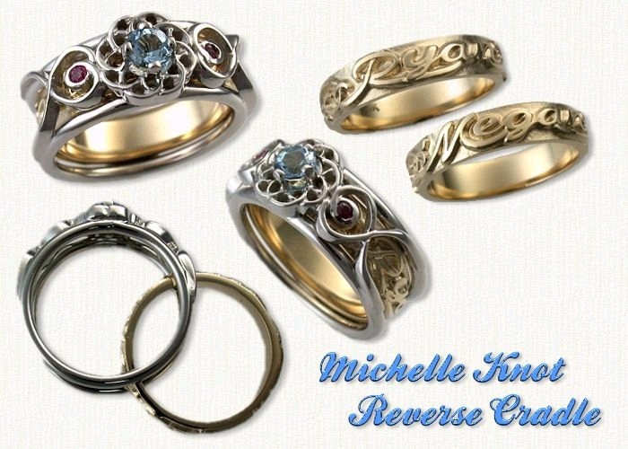 14KW Michelle reverse credle set with a 3.5mm round aquamarine. The inside custom band is made from 14kt yellow gold