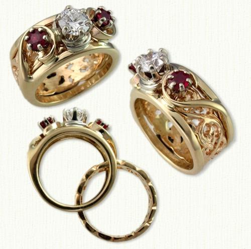 14kt yellow gold Swirls Reverse Cradle set with a 0.75ct round diamond and two 3.5mm rubies. The cradle measures 9mm in width and is accompanied by a 6mm pierced 14kt yellow gold inner band.
