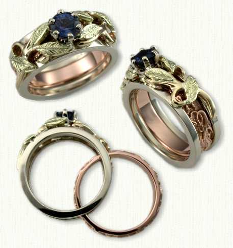 Leaf & Vines 01: 14Kt tri-color Reverse cradle set with 0.81ct round blue sapphire. Rose gold inner band