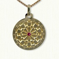 14KY large dart board pendant with .10ct ruby