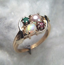 14kt handmade mothers ring with pearl, opal, garnet and emerald