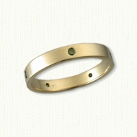 14kt Yellow Gold 3mm domed poka dot band with five .03 carat round green diamonds