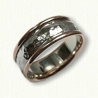 14kt White and Rose Gold Plain Style Wedding Band with a Hammered Finish - 8.0 mm width