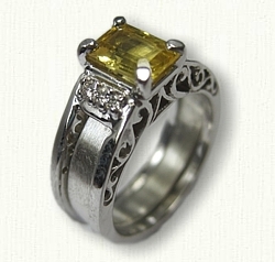 14kt White Gold Filigree Reverse Cradle with customers Emerald cut yellow sapphire and 6 small side diamonds