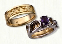 14kt Floral Scroll Reverse Cradle with custom story band wedding band - Cradle set with an oval purple sapphire 