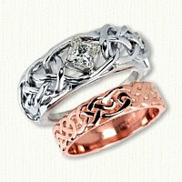 Lindesfarne #4: 14kt white gold Linesfarne Reverse Cradle with COMPASS set .43ct princess cut Diamond and a 14kt rose gold lindesfarne wedding band with straight edges