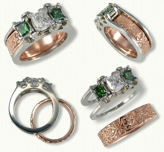 Talons Reverse Cradle set with a 0.81ct Princess Diamond and (2).30ct Green Princess with Custom Lensiedel Knot Band with Initials