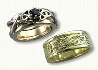 Gents 14kt green gold Winged Dragon Band and Triangle knot reverse cradle
