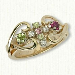 Twin Hearts 07: Custom Twin Hearts &  Cross Family Ring  3mm Stone- Peridot, Pink Tourmaline, Peridot, (2) 2mm Pink Tourmaline, (3) 2mm .03ct Diamonds 